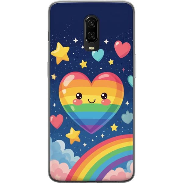 Kompatibelt Mobildeksel til OnePlus 6T Søt regnbuehjerte med stjerner, regnbue og skyer flerfarget