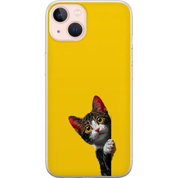 Kompatibel Mobilcover til Apple iPhone 13 Sød kat, der kigger ud mod gul minimalistisk baggrund gul