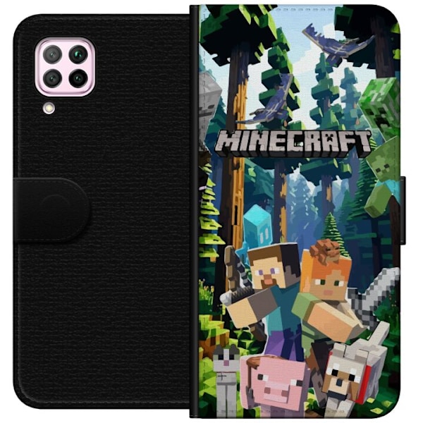 Huawei P40 lite Lompakkokotelo Minecraft-matkapuhelinkotelo metsällä ja pikselityylisillä hahmoilla