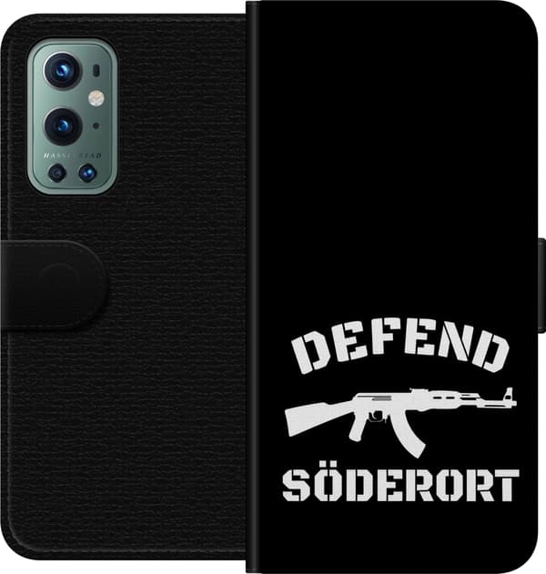 Kompatibel Tegnebogsetui til OnePlus 9 Pro Sort Söderort - hvidt områdeslogan og hvid våbensilhuet på sort baggrund sort
