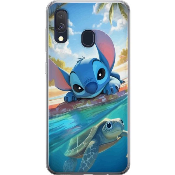 Samsung Galaxy A40 Genomskinligt Skal Stitch med sköldpadda – söt blå alien i tropisk strandmiljö från Disney