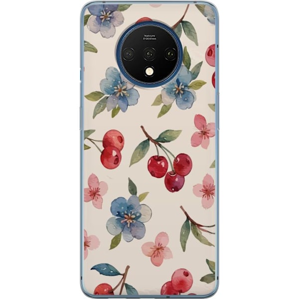 OnePlus 7T Genomskinligt Skal Bär & Blommor – mönster med blå blommor och skogsbär