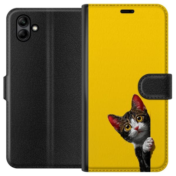 Kompatibel Tegnebogsetui til Samsung Galaxy A05 Sød kat, der kigger ud mod gul minimalistisk baggrund gul