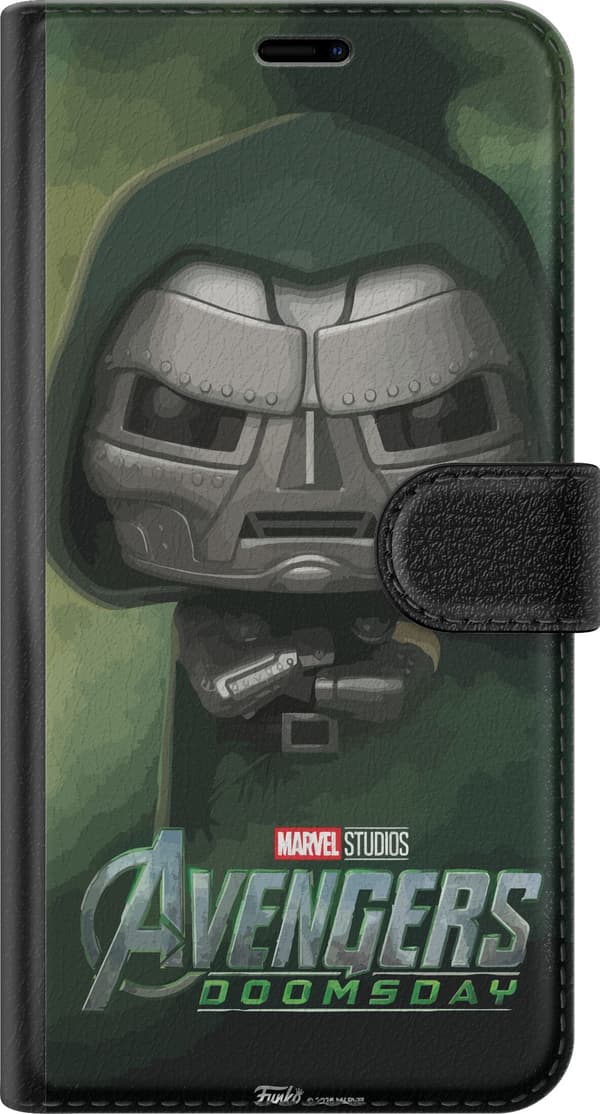 Kompatibel Tegnebogsetui til Xiaomi Redmi Note 9 Tegnet Doctor Doom med grøn hætte og metalmaske under Avengers Doomsday-teksten grøn