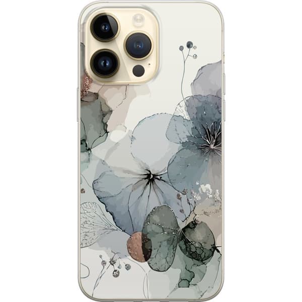 Kompatibelt Mobildeksel til Apple iPhone 15 Pro Max Blågrønne abstrakte blomster med tynne botaniske detaljer og elegante linjer grønn