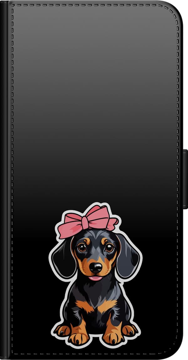Kompatibel Tegnebogsetui til OnePlus 7 Pro Rosetgravhund - Sort motiv med gravhundehvalp med lyserød roset. sort