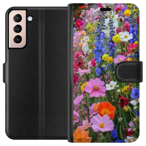 Samsung Galaxy S21 Plånboksfodral Blommigt mobilskal med somrig äng och naturmotiv
