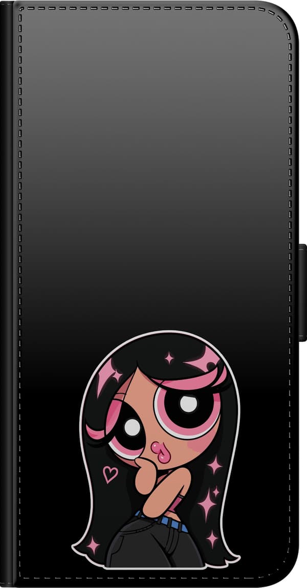 Kompatibel Tegnebogsetui til Xiaomi Redmi Note 8 Pro  Rosa stjernehår - Sort motiv med svarthåret figur med rosa stjerner. sort