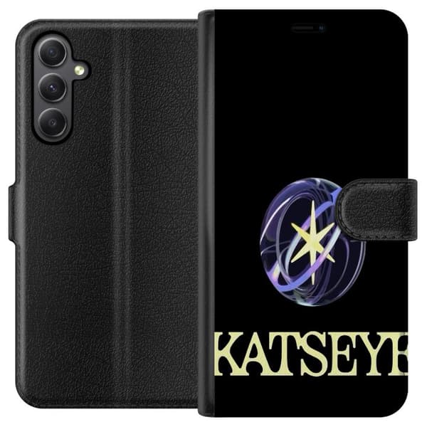 Kompatibel Tegnebogsetui til Samsung Galaxy A24 4G KATSEYE-logo med gul stjerne, lilla omløbsringe og lys typografi mod sort baggrund sort
