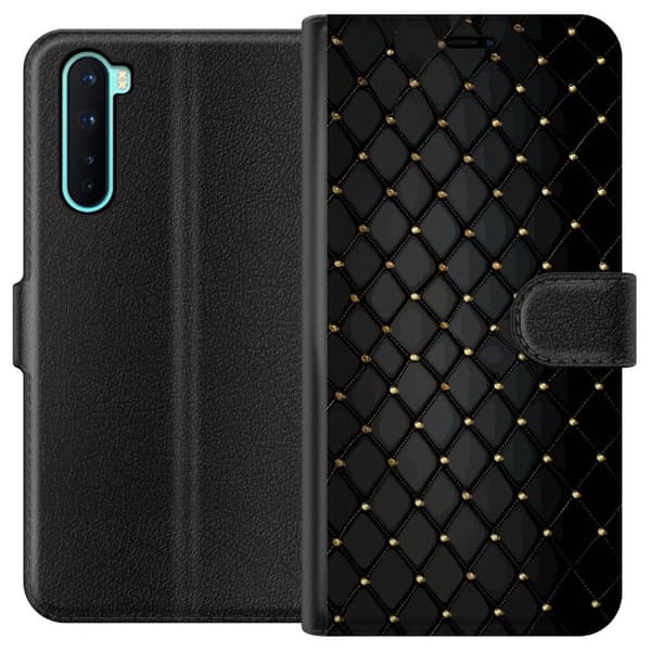 Kompatibel Tegnebogsetui til OnePlus Nord Sort geometrisk ternet mønster med guldfarvede linjer og dekorative detaljer sort