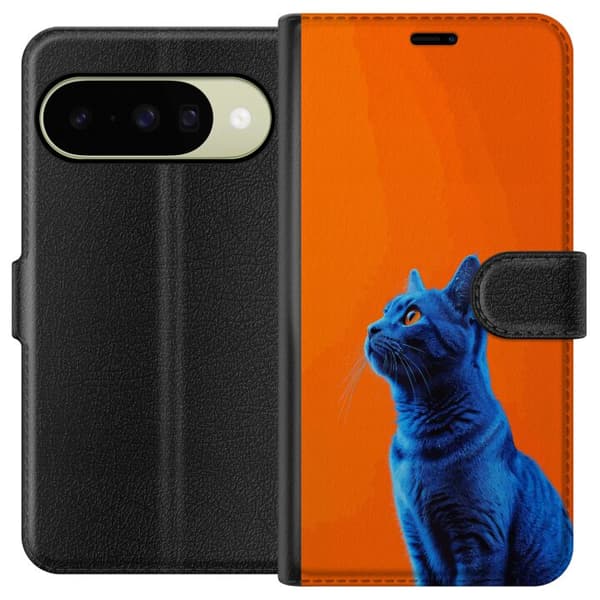 Kompatibel Tegnebogsetui til Google Pixel 10 Blå kat med orange baggrund i moderne popkunststil blå