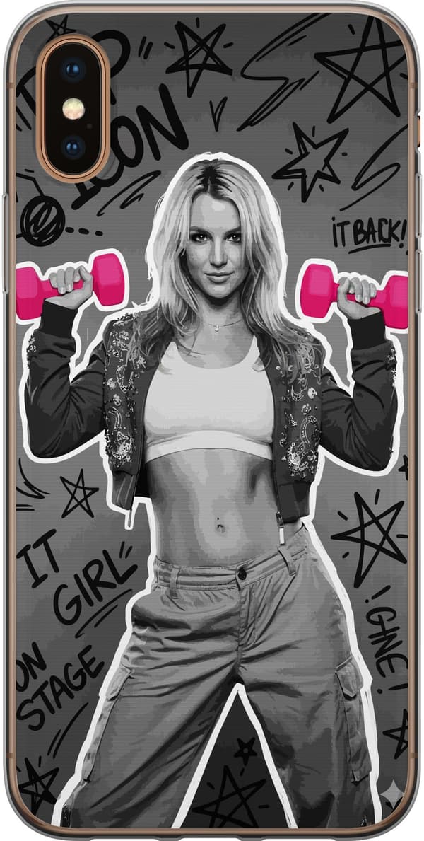Kompatibel Mobilcover til Apple iPhone X Blond popartist i sort-hvid med lyserøde håndvægte og graffiti mod grå baggrund grå