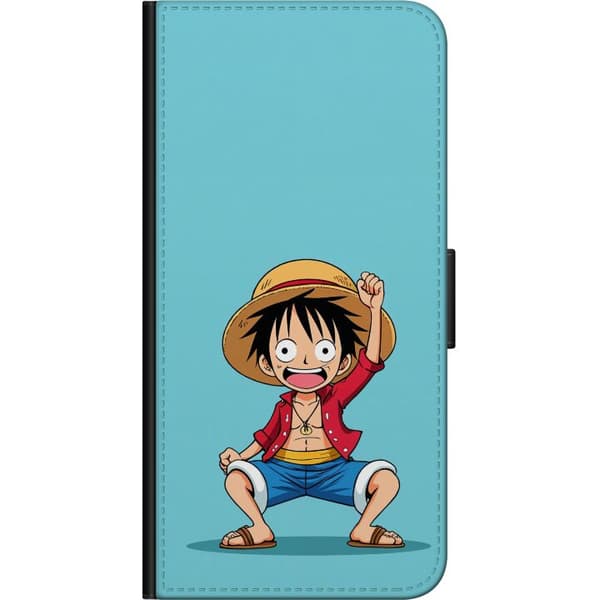 Kompatibel Tegnebogsetui til OnePlus 7 Pro Luffy med stråhat og rød jakke mod lyseblå baggrund blå