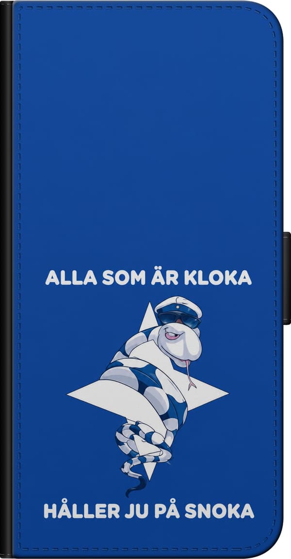 Kompatibel Tegnebogsetui til Huawei P40 lite E Blå heppefigur - Hvid tegnet figur og hvidt svensk slogan på blå baggrund blå