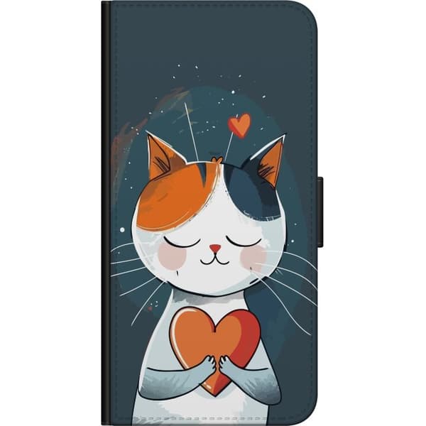 Kompatibel Tegnebogsetui til Samsung Galaxy Note 4 Sød illustreret kat, der holder et orange og rødt hjerte mod mørkeblå baggrund blå