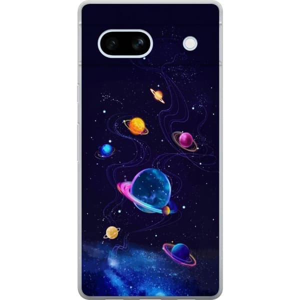 Kompatibelt Mobildeksel til Google Pixel 7a Fargerike planeter og stjerner i et animert romlandskap blå