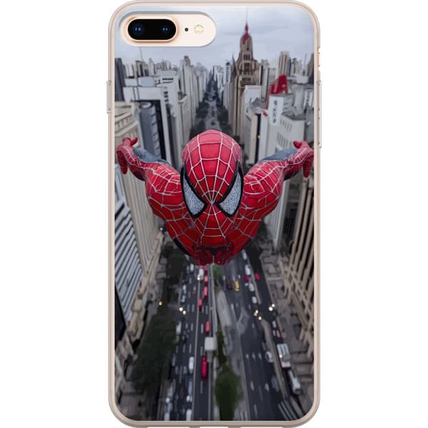 Kompatibelt Mobilskal till Apple iPhone 8 Plus Spiderman flyger över stad Marvel superhero action scen city skyline dynamic pose comic hero red suit