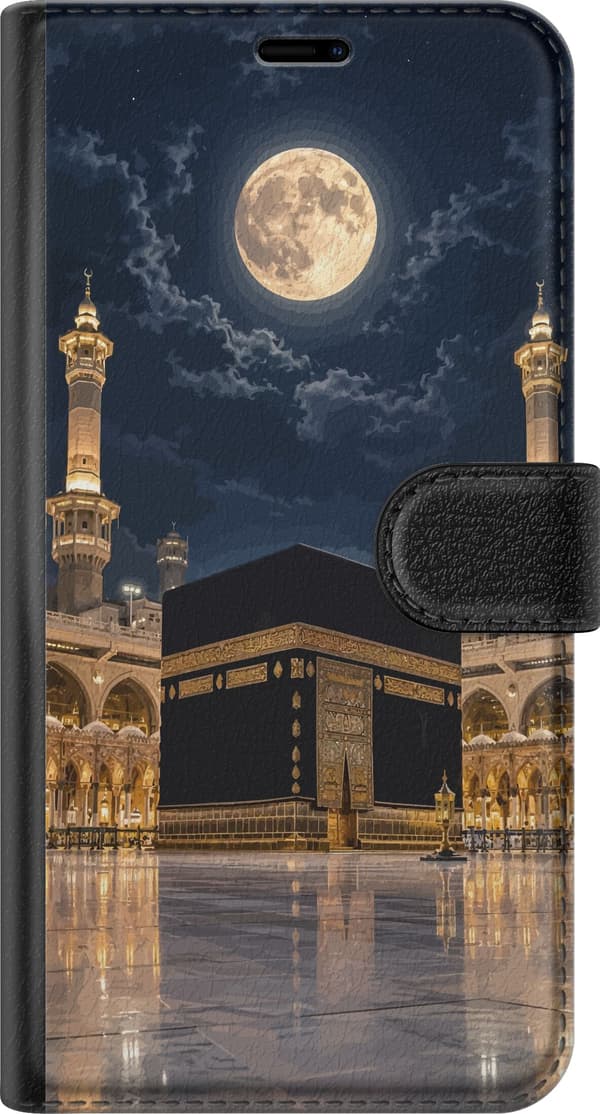 Kompatibelt Lommeboketui til Apple iPhone 14 Plus Kaba under stor fullmåne med opplyste minareter og mørkeblå nattehimmel, islamsk motiv blå