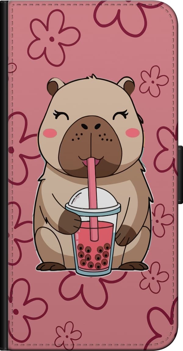 Kompatibel Tegnebogsetui til Samsung Galaxy Note10+ Brun kapivar, der drikker lyserød bubble tea blandt blomster på lyserød baggrund pink