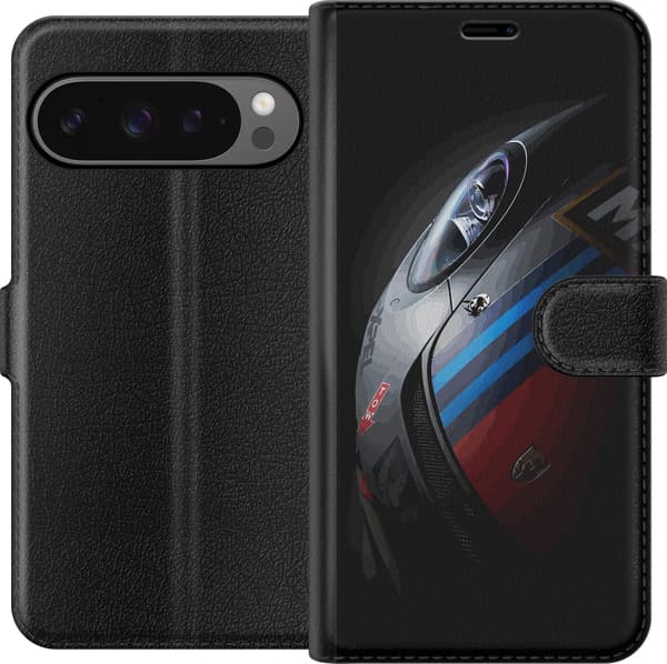 Kompatibel Tegnebogsetui til Google Pixel 9 Pro XL Nærbillede af en mørk sportsvogn med blå og røde striber mod sort baggrund sort