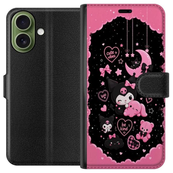 Kompatibel Tegnebogsetui til Apple iPhone 17 Søde lyserøde og sorte gothfigurer med hjerter, måne, stjerner og positiv tekst sort