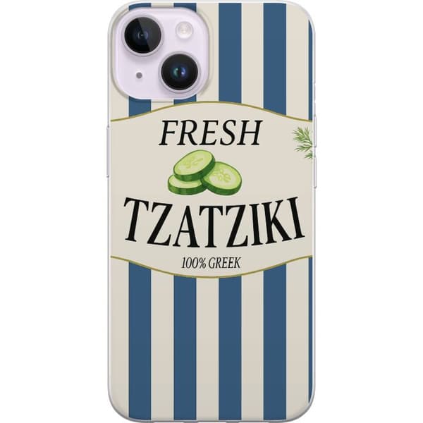 Kompatibelt Mobildeksel til Apple iPhone 14 Tzatziki gresk matplakat agurk yoghurtdipp blåhvite striper kjøkkendekor retro illustrasjon kjøkken