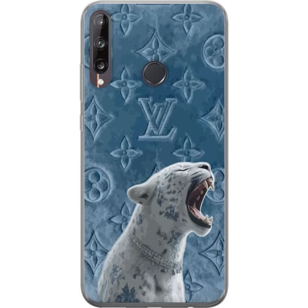 Kompatibelt Mobildeksel til Huawei P40 lite E Eksklusiv hvit leopard med blå detaljer og elegant mønstret bakgrunn blå