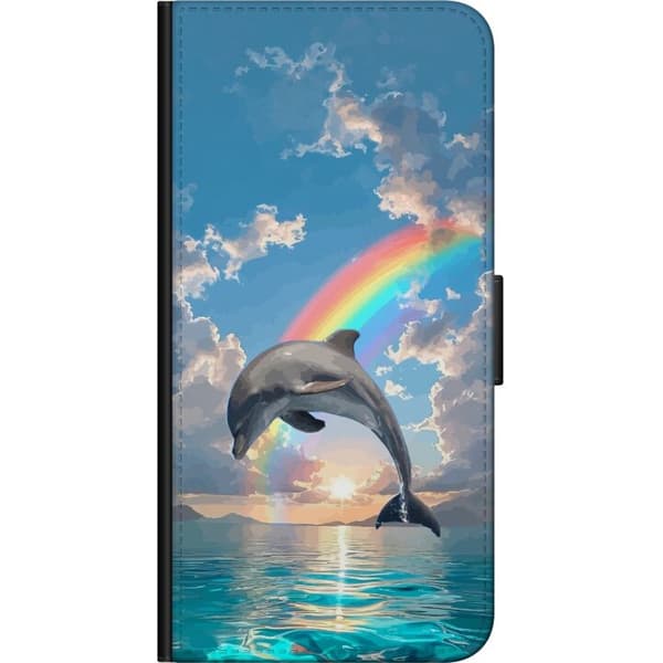 Kompatibelt Plånboksfodral till Huawei P40 lite Realistisk delfin framför regnbåge över lugnt hav blå
