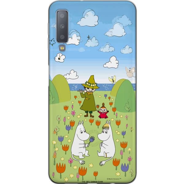 Kompatibelt Mobilskal till Samsung Galaxy A7 (2018) Mumin i blomsteräng grön