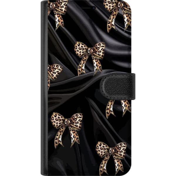 Kompatibel Tegnebogsetui til Apple iPhone 17e Mønster med leopardmønstrede rosetter på sort baggrund, elegant og trendy design med modefølelse