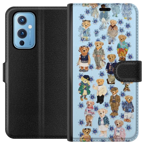 Kompatibel Tegnebogsetui til OnePlus 9 Søde bamser i trendy tøj med blå blomster blå