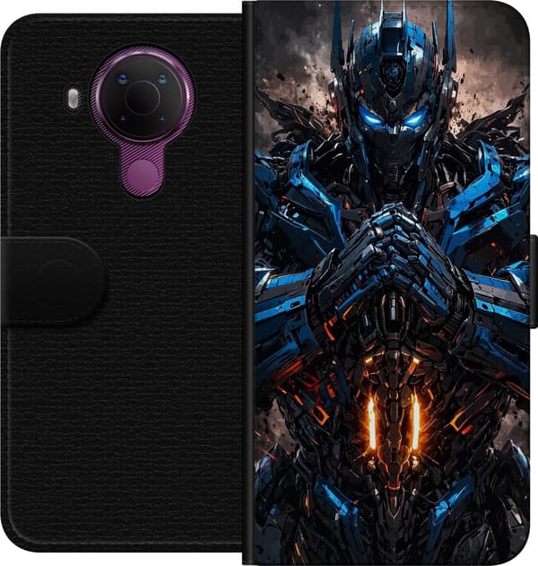 Kompatibel Tegnebogsetui til Nokia 5.4 Sort robotkriger med blå øjne blå rustningsdetaljer og orange lys sort