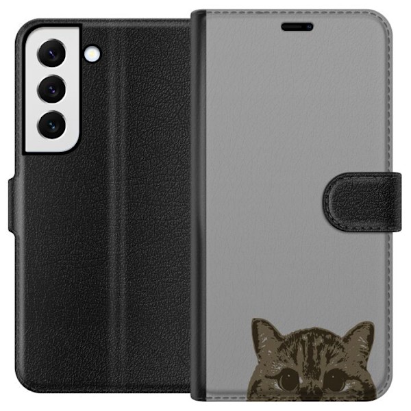 Samsung Galaxy S22+ 5G Plånboksfodral Grå Kattblick – stilren kattdesign med grå bakgrund