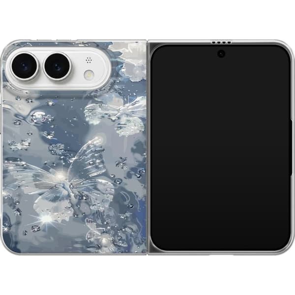 Kompatibelt Mobildeksel til Apple iPhone Duo Elegant motiv med sølvfargede sommerfugler, glitrende dråper og blågrå bakgrunn sølv