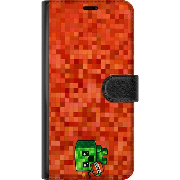 Kompatibel Tegnebogsetui til Google Pixel 11 Pro Spilinspireret motiv med grønt pixelvæsen, dynamit og rødorange pixlet baggrund rød