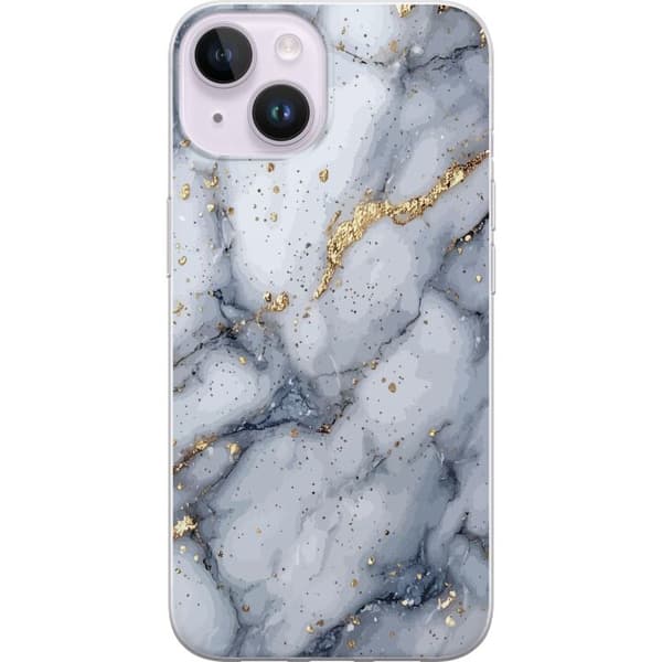 Kompatibelt Mobildeksel til Apple iPhone 15 Hvit og grå marmor med elegante årer, gullsprekker og skimrende detaljer hvit
