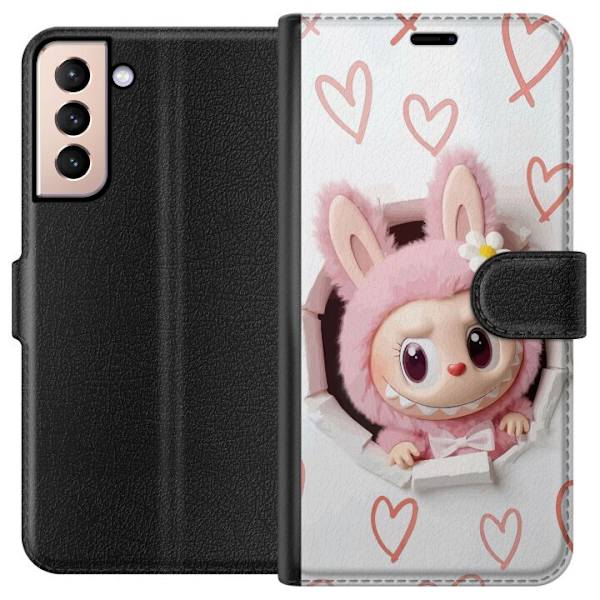 Samsung Galaxy S21 Lompakkokotelo Labubu Sydän Taustakuva Pop Mart Rakkausteema Hahmodesign Suosittu Motiivi Keräilytaideteossarja