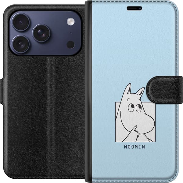 Kompatibel Tegnebogsetui til Apple iPhone 17 Pro Mumitrolden i sort-hvid illustration mod lyseblå baggrund blå