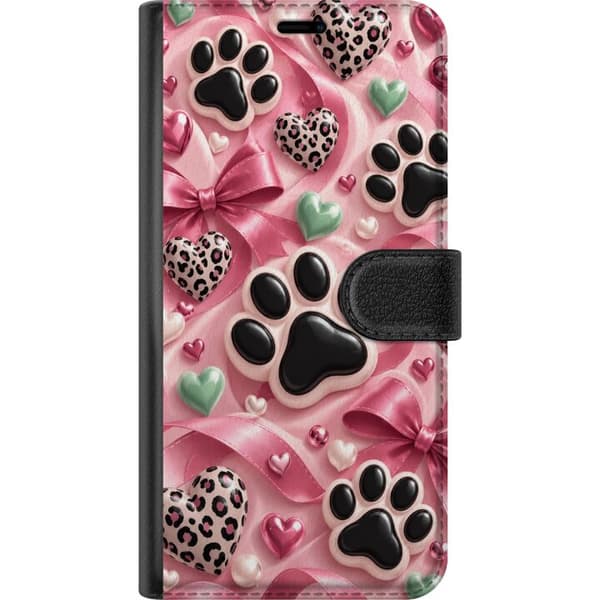 Kompatibel Tegnebogsetui til Apple iPhone 17 Perlepoter – Poter og leopardhjerter i lyserøde nuancer. Et dekorativt motiv med maleriske detaljer og e pink