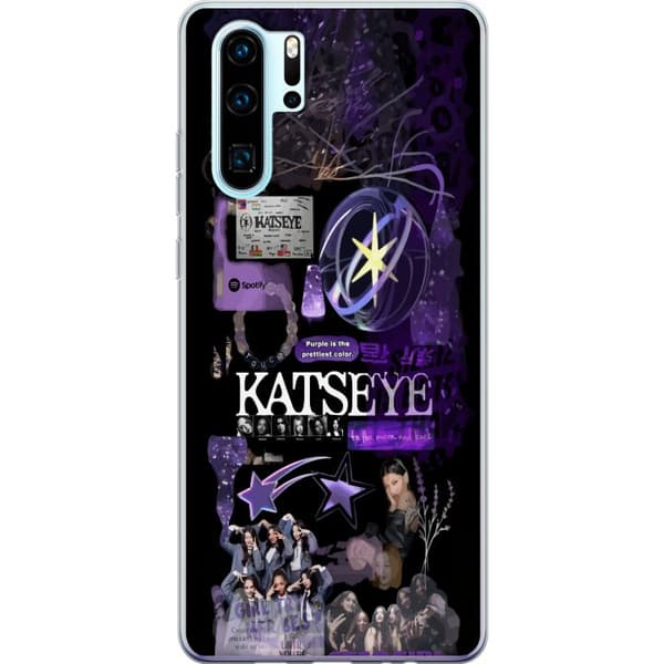 Kompatibelt Mobildeksel til Huawei P30 Pro KATSEYE i lilla collage med gruppebilder, stjerner, logo og glitrende nostalgiske detaljer lila