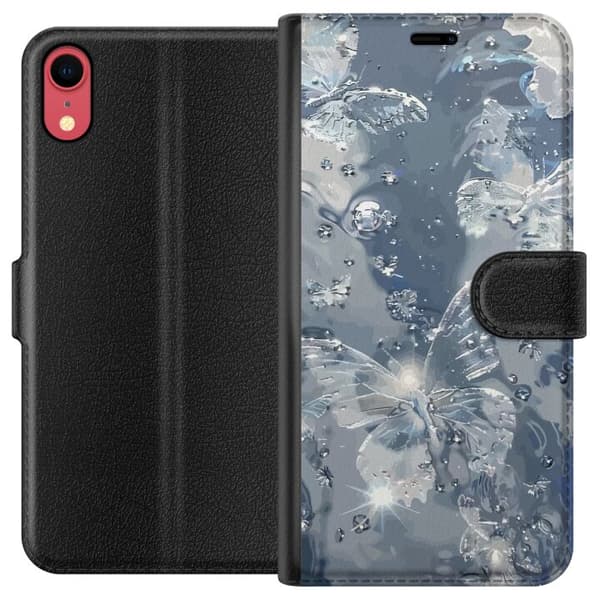 Kompatibel Tegnebogsetui til Apple iPhone XR Elegant motiv med sølvfarvede sommerfugle, glitrende dråber og blågrå baggrund sølv