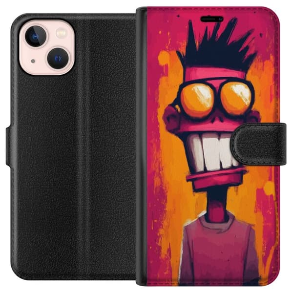 Kompatibel Tegnebogsetui til Apple iPhone 13 Abstrakt tegnet figur med store orange briller mod lyserød og orange baggrund pink