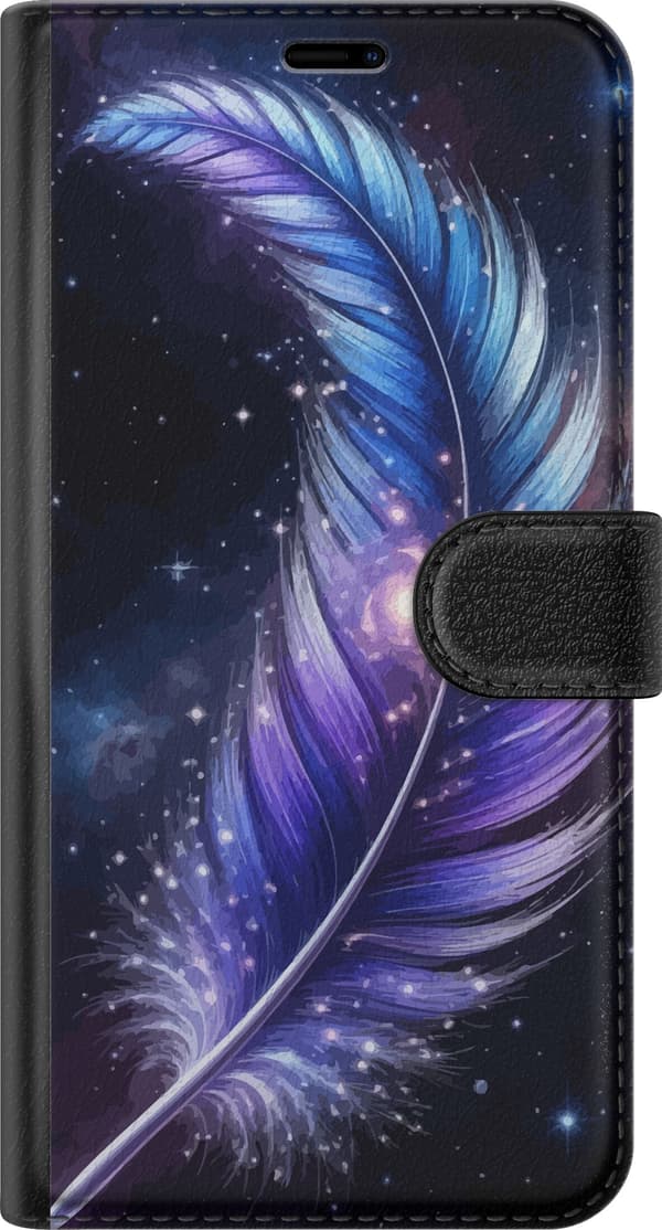 Kompatibel Tegnebogsetui til Apple iPhone XR Stor blå og lilla fjer med stjerner og lysende kerne mod sort rum-baggrund lilla