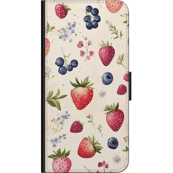 Kompatibel Tegnebogsetui til Xiaomi Redmi Note 8 Pro  Jordbær, blåbær og blomster - bæremønster på beige baggrund beige