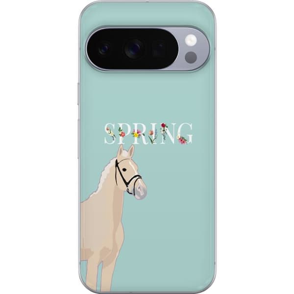 Kompatibelt Mobildeksel til Google Pixel 10 Pro Lys hest med blomster og teksten "Spring" mot mintgrønn bakgrunn grønn