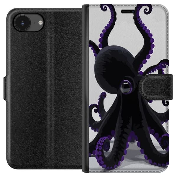 Kompatibel Tegnebogsetui til Apple iPhone 16e Sort blæksprutte med lilla detaljer i et elegant havtema mod en lys baggrund sort
