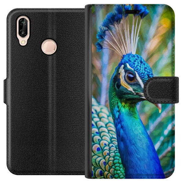 Huawei P20 lite Lompakkokotelo Pavun Sulat Värikäs Design Lintuaihe Eksoottinen Graafinen Suunnittelu Luonto Ylellinen Koristelu