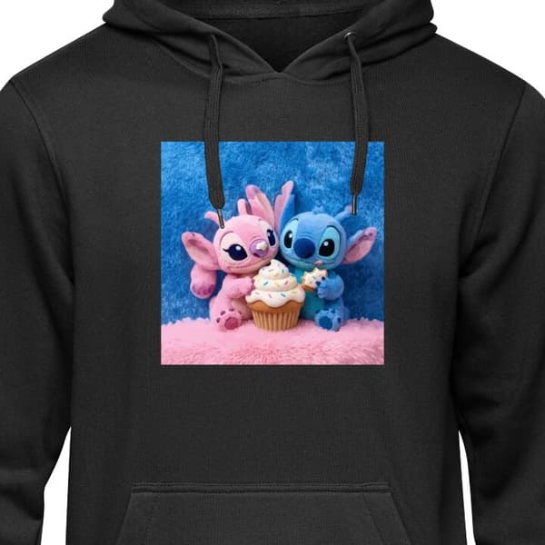 Børne Hoodie Sort 9-11 År Søde blå og lyserøde figurer med stor cupcake og krymmel sort 9-11 År