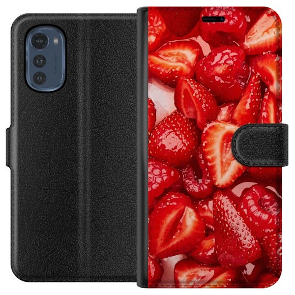 Motorola Moto E32s Lompakkokotelo Mansikkakuviointi - makea motiivi kesäfiiliksellä