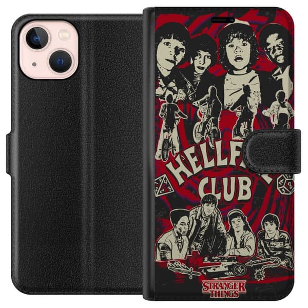 Kompatibelt Lommeboketui til Apple iPhone 13 mini Hellfire Club-collage med Stranger Things-karakterer og sykler
